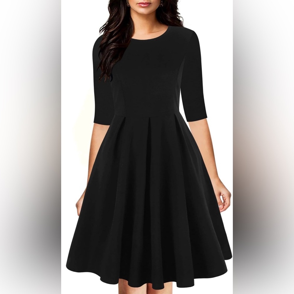 Women's Vintage Half Sleeve O-Neck Swing Dress / Black / Medium
